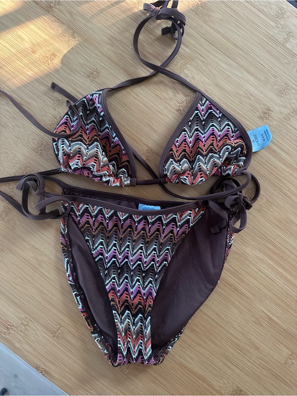 Brown Zigzag Pattern String Bikini - Women Swim